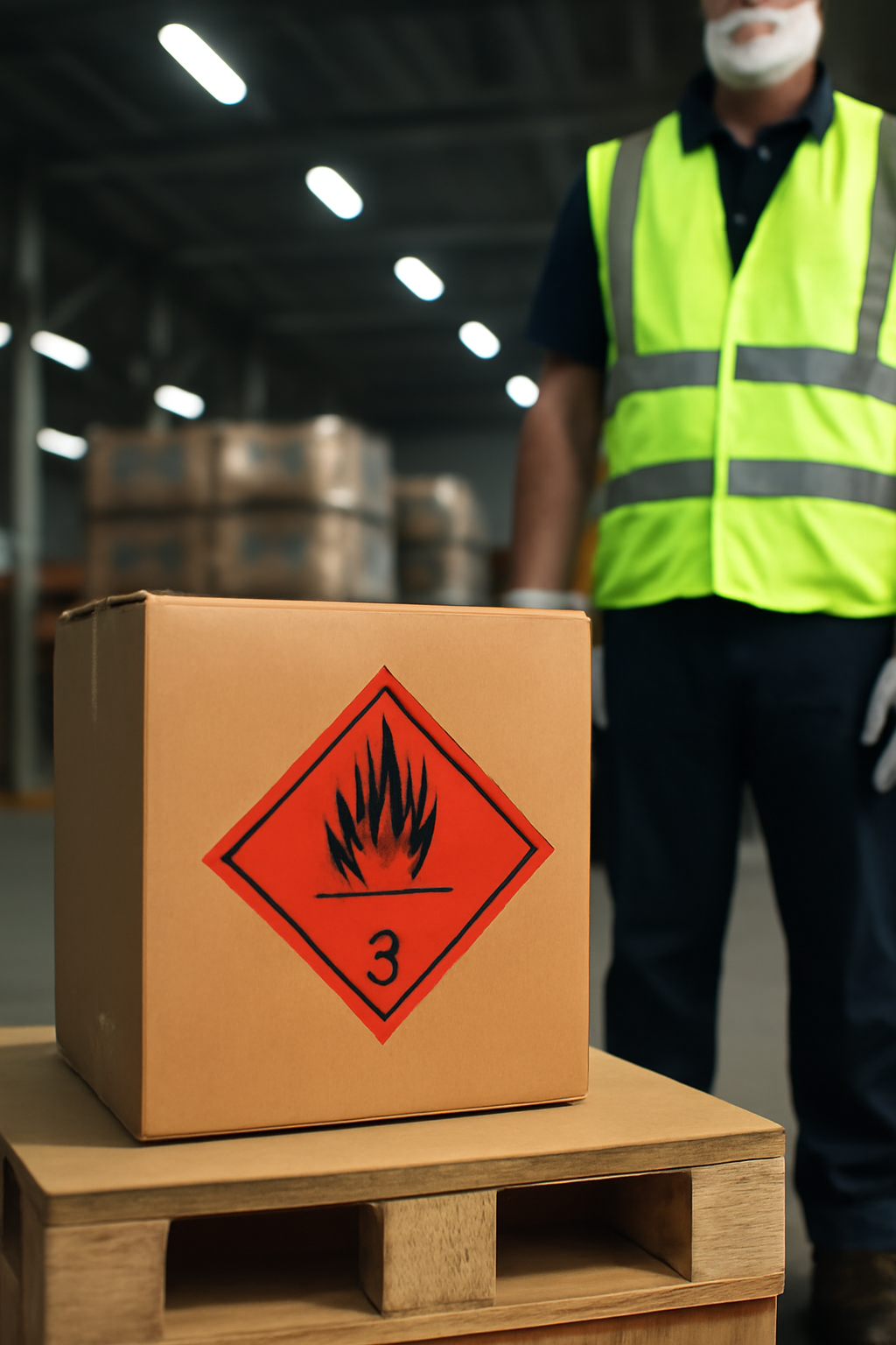 Caixa com rótulo de risco Classe 3 (inflamável) sobre pallet, em ambiente logístico controlado, com operador usando EPI ao fundo.